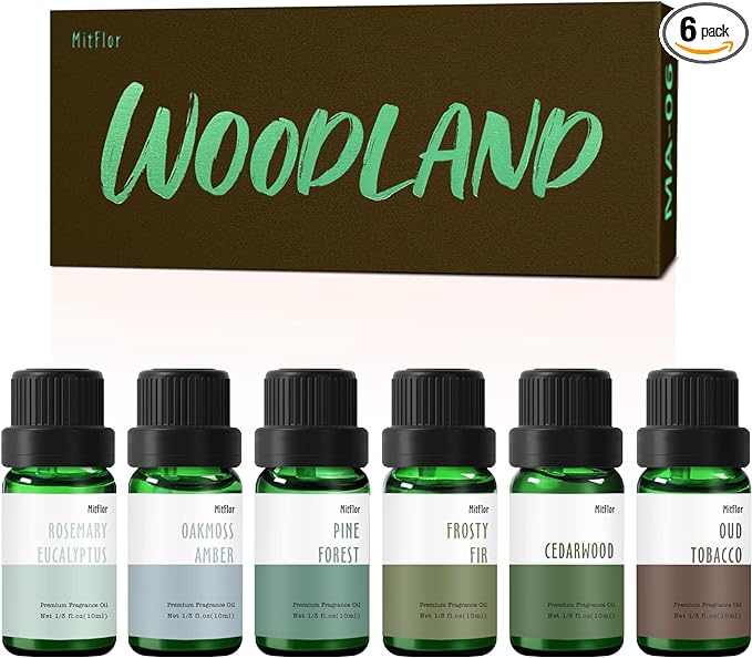 Fragrance Oil, MitFlor Woodland Set of Scented Essential Oils, 10ml x 6, Soap & Candle Making Scents, Essential Oils for Diffusers for Home, Pine Forest, Cedarwood, Oakmoss Amber & More
