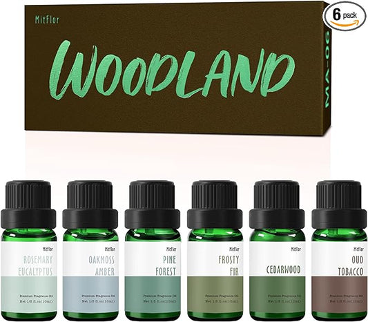 Fragrance Oil, MitFlor Woodland Set of Scented Essential Oils, 10ml x 6, Soap & Candle Making Scents, Essential Oils for Diffusers for Home, Pine Forest, Cedarwood, Oakmoss Amber & More
