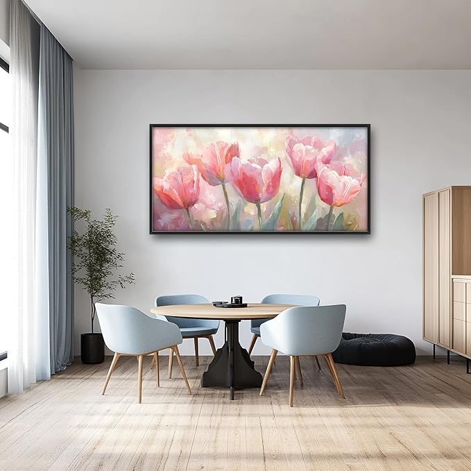 Kylora Tulip Wall Art Pink Tulips Pictures Wall Decor Pink Flowers Large Master Over Above Bed Canvas Prints Horizontal Modern Artwork Painting Home Office Decorations For Kitchen Bedroom 30"x60"