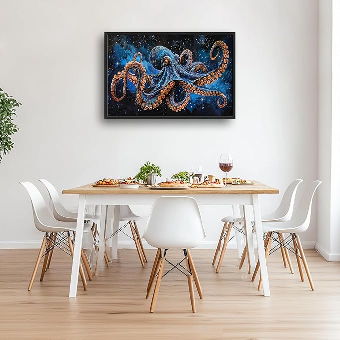 Octopus Wall Art Blue Space Octopus Pictures Wall Decor Galaxy Canvas Prints Framed Artwork Paintings Coastal Home Office Decorations for Living Room Bedroom Dinning Room 36"x24"