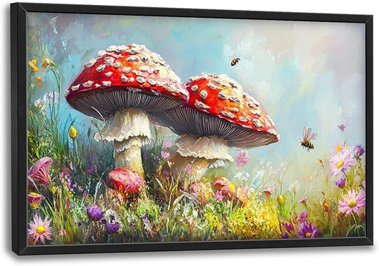 Kylora Mushroom Wall Art Mushroom Pictures Wall Decor Cottagecore Plant Prints Modern Artwork Botanical Painting Home Office Decorations For Kitchen Bathroom Bedroom Dining Living Room 36"x24"