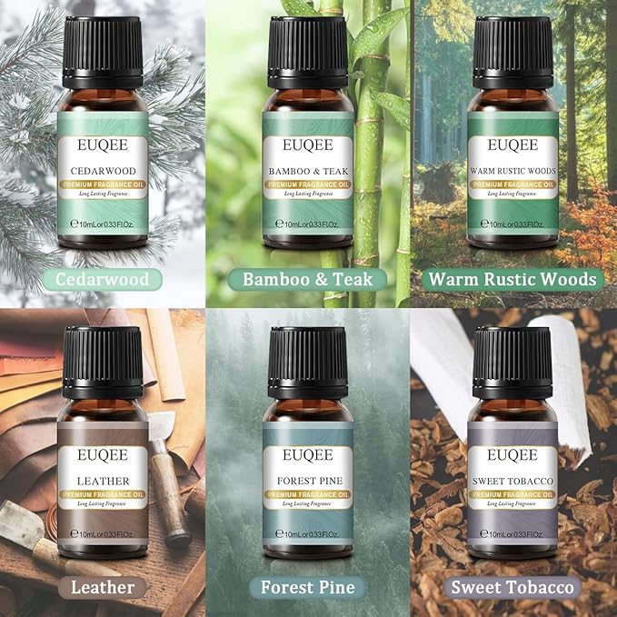 Fragrance Oils Gift Set Premium Woody Scented Oil - Forest Pine, Warm Rustic Woods, Bamboo & Teak, Cedarwood, Leather, Sweet Tobacc(Honeyed Haze), for Diffuser, Soap Making, Candle - 6x10ml
