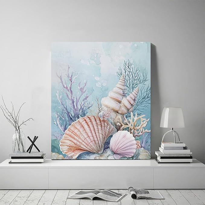 Fleruku Beach Coral Shells Wall Art Nautical Sea Wall Decor Ocean Pictures Canvas Painting Artwork Home Decorations for Living Room Bedroom Bathroom Office Nursery 20"x24"
