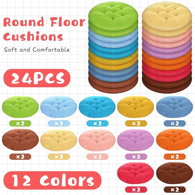 24 Pcs Round Floor Cushions Floor Pillows Meditation Seat Pillows Flexible Seating for Adults Kids, Chair Cushions for Classroom, Nursery, Living Room, Yoga(Medium 15.7 Inch,Colorful)