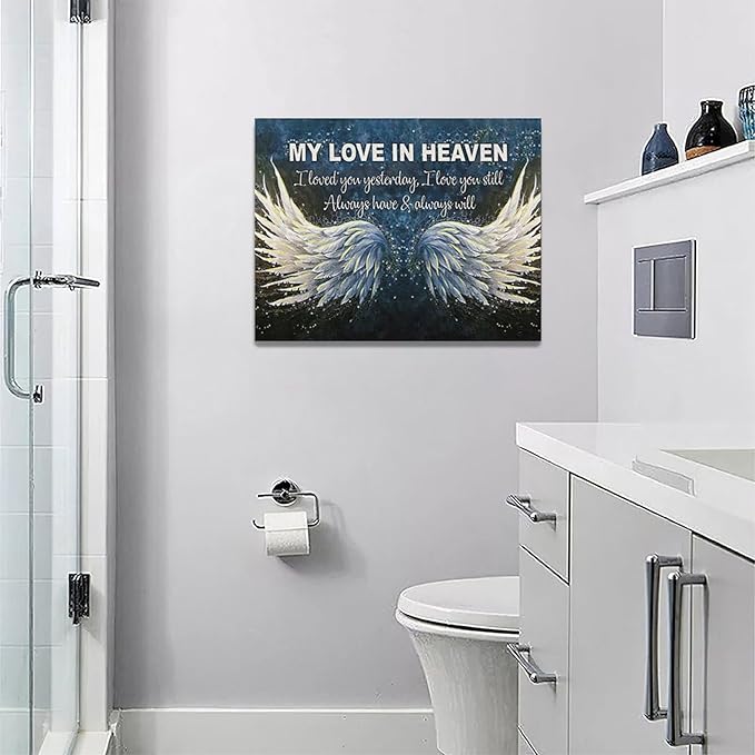 Fleruku Angel Wings Wall Art Memorial Motivational Wall Decor Wings My Love In Heaven Pictures Canvas Painting Artwork Home Decorations for Living Room Bedroom Bathroom Office 16"x12"