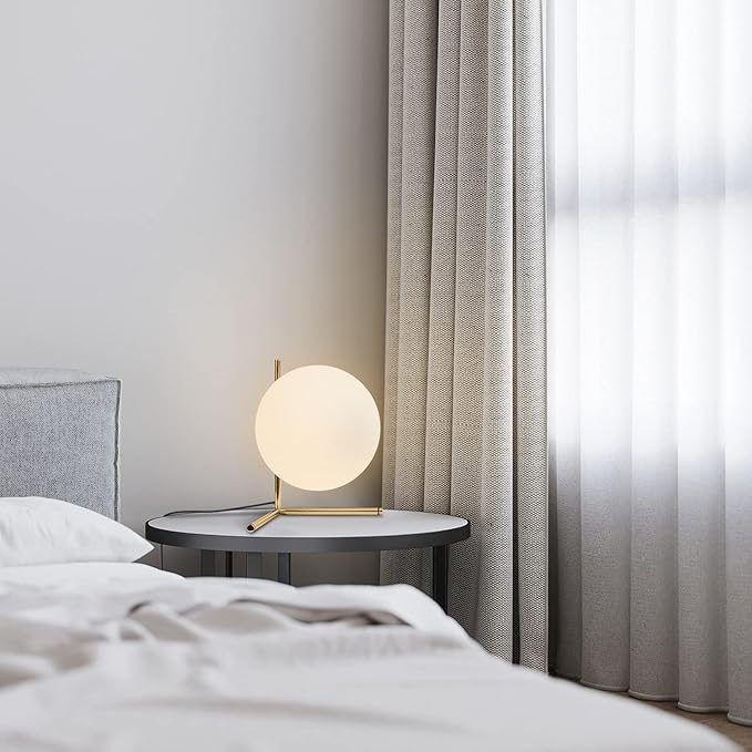 BOKT Mid Century Modern Brass Table Lamp Contemporary Gold Glass Globe Desk Lamp Vintage Bedroom Bedside Reading Lamp Golden Metal Nightstand Lamp for Office Study Room