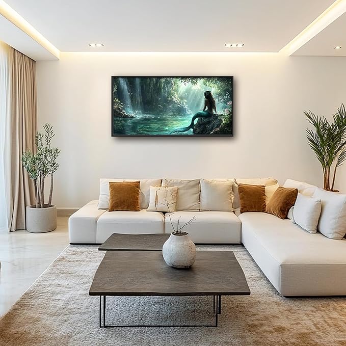 Mermaid Extra Large Wall Art Forest Waterfall Mermaid Pictures Wall Decor Cabin Canvas Prints Painting Oversize Framed Artwork Home Decoration Above Bed for Bedroom Bathroom Living Room 60"x30"