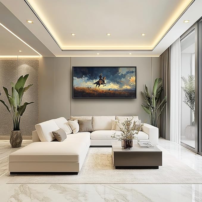 SweetFox Extra Large Western Cowboy Framed Wall Art for Living Room, Cowboy on Horseback Pictures Oversized Wall Decor Abstract Canvas Painting Print Artworks for Bathroom Master Bedroom 60L X 30W