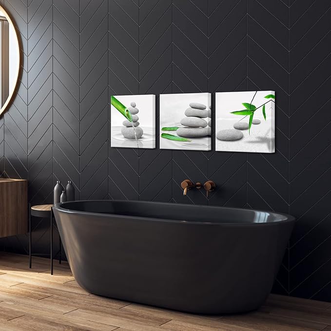 Biuteawal 3 Piece Zen Decor Bathroom Wall Art Spa Still Life With Green Bamboo Pictures Grey Stone Painting Prints Modern Canvas Artwork Spa Meditation Yoga Room Home Bedroom Decoration