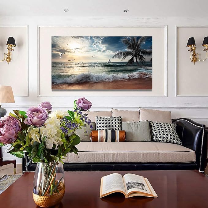 Yxbhhym Large Beach Ocean Canvas Wall Art Coast Sunset Sea Paintings Poster Seascape Picture Palm Artwork for Living Room Bedroom Home Decorations Wall Room Decor Modern Framed 24x48inches