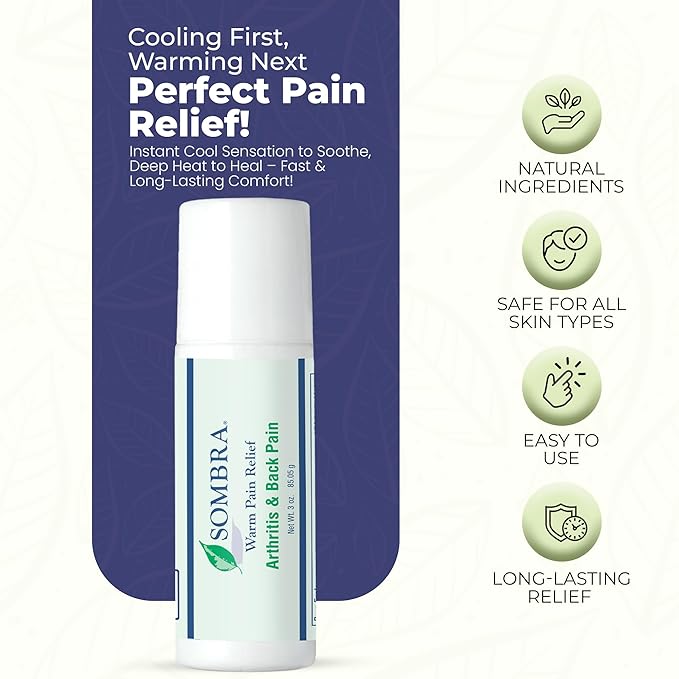 Sombra Warm Pain Relief Gel, Warm Relief for Arthritis and Chronic Pain Pre-Workout Muscle Rub Vegan Formula Free of Artificial Fragrances, Dyes, NSAIDs, Wax, Petroleum, Alcohol - 3oz Roll-On