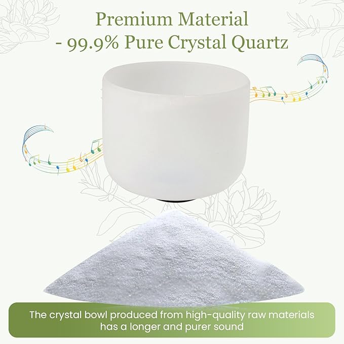 432HZ 11 Inchs Frosted Crystal Singing Bowl Set for Meditation Healing Yoga Chakra Quartz Crystal Sound Bowls with Heavy Duty Carry Case and Rubber Mallet,Suede Striker,O-rings