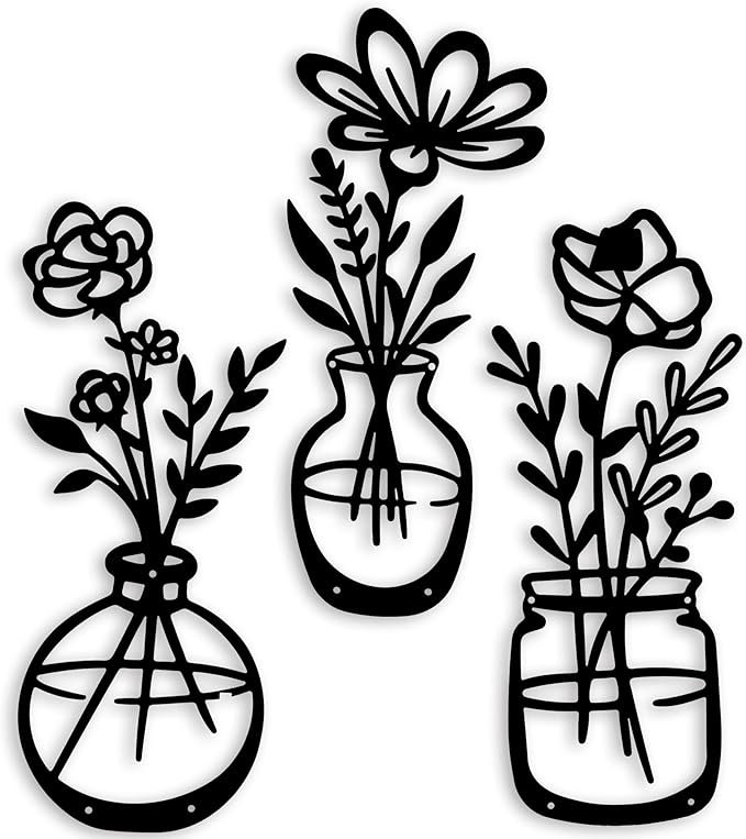 3 Pieces Black Metal Flowers Wall Decor Stocking Stuffers for Women Christmas Birthday Gifts for Women Wall Art Metal Wall Sculptures Hanging for Indoor Kitchen Bathroom Bedroom living room,14.56x5.9 inches
