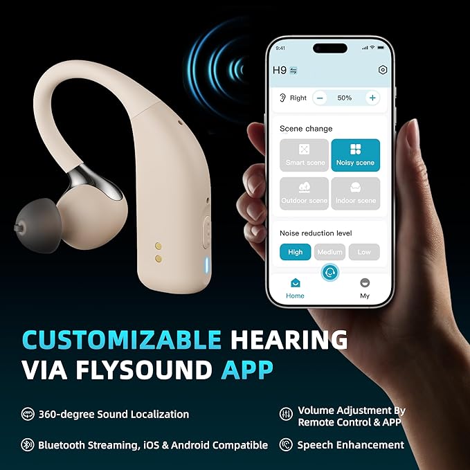 FLYSOUND Rechargeable OTC Hearing Aids with Bluetooth for Seniors & Adults | Experience 80% Speech Recognition Boost & Tinnitus Relief via App | Up to 60dB Gain & AI Noise Reduction | Stylish Gold Des