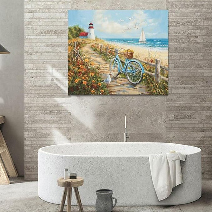 Olivine Coastal Wall Art, Beach Bicycle Pictures Wall Decor, Lighthouse Painting, Ocean Seascape Canvas Prints, Framed Artwork for Living Room Bedroom Bathroom Kitchen Office Home Decoration 24"x20"