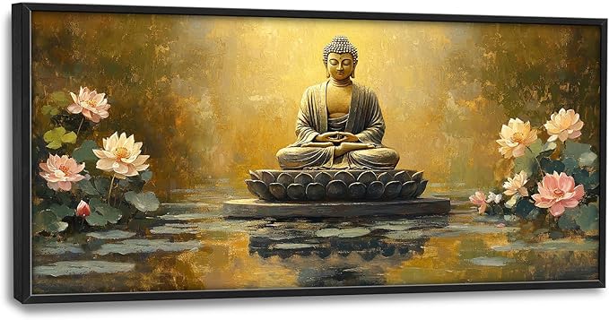 Buddha Large Wall Art Golden Buddhist Pictures Wall Decor Zen Lotus Big Canvas Painting Prints Framed Artwork Home Decorations Above Bed for Bedroom Living Room Dining Room Bathroom 60"x30"