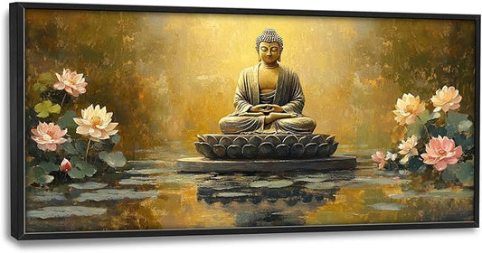 Buddha Large Wall Art Golden Buddhist Pictures Wall Decor Zen Lotus Big Canvas Painting Prints Framed Artwork Home Decorations Above Bed for Bedroom Living Room Dining Room Bathroom 60"x30"