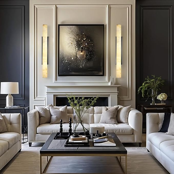 Alabaster Wall Sconces, 36" Large Bronze Wall Sconce, Modern Sconces Wall Lighting, Spanish Natural Marble Wall Sconce Light for Living Room, Bedroom, Hallway, Stairs