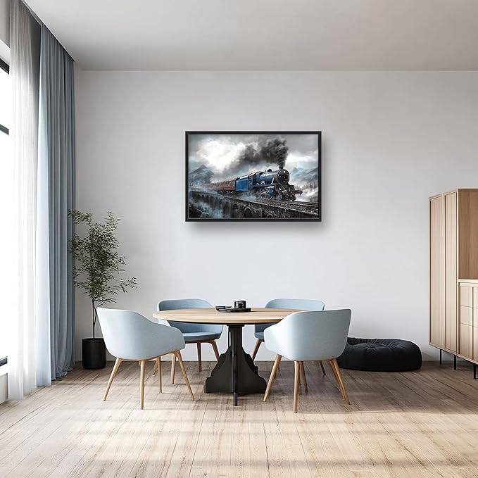 Kylora Train Wall Art Blue Gray Train Pictures Wall Decor Prints Modern Artwork Bridge Painting Home Office Decorations For Kitchen Bathroom Bedroom Dining Living Room 36"x24"