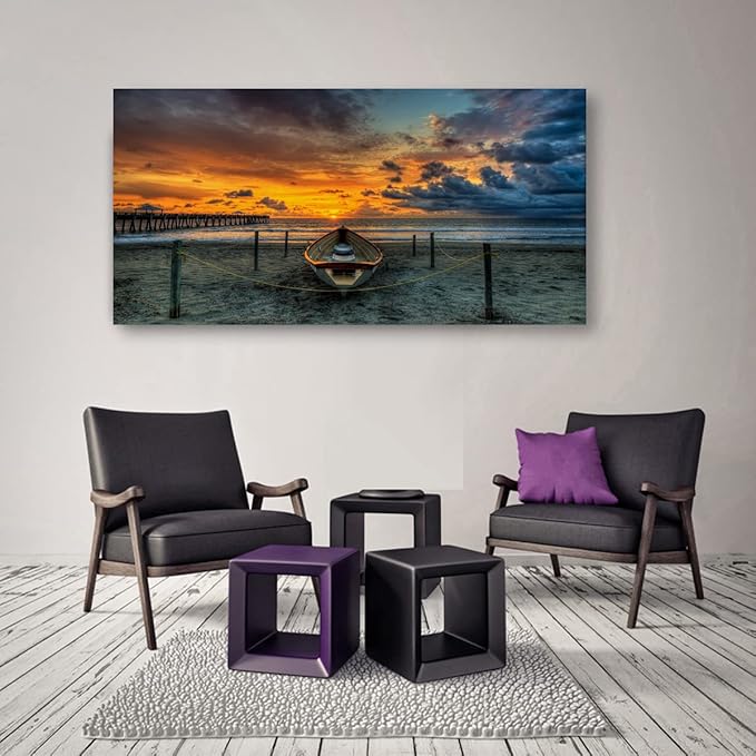 Beach Themed Wall Art Canvas Prints Seascape Poster Bathroom Décor Boat Ocean Sunset Landscape Paintings for Bedroom Dining Room Home Kitchen Decorations Natural Artwork 20x40 Picture Wooden Frames