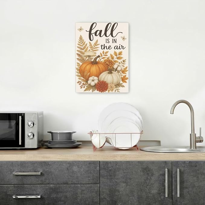 Fall Wall Decor Pumpkin Cotton Wall Art Autumn Pumpkin Canvas Pictures Painting Fall Signs Artwork Framed Decoration for Living Room Bedroom Dining Room Office Gifts 12"x16"