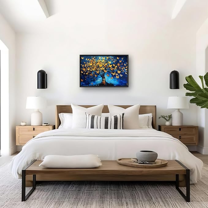 Blue Canvas Wall Art Golden Butterfly Tree Pictures Wall Decor Above Bed Framed Artwork Paintings Home Office Decorations for Living Room Bedroom Dinning Room Kitchen 36"x24"
