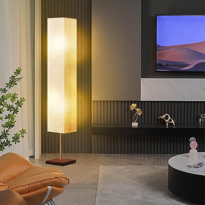 GyroVu Floor Lamp for Living Room, 3 Color Temperature Column Tall Lamp, Standing Lamp with Walnut Base Corner Floor Lamp for Bedroom, Office& Living Room-Beige(Bulbs Included)