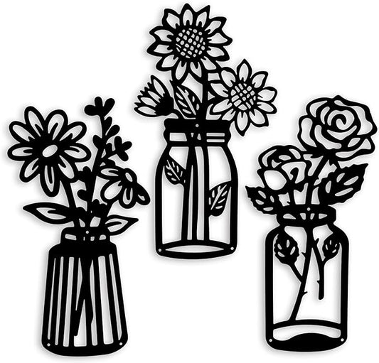 3 Pieces Sunflower Roses Daisy Black Metal Flowers Wall Decor Metal Vase Wall Art Metal Wall Sculptures Hanging for Indoor Kitchen Bathroom Bedroom Living Room,14.56x7.87 inches