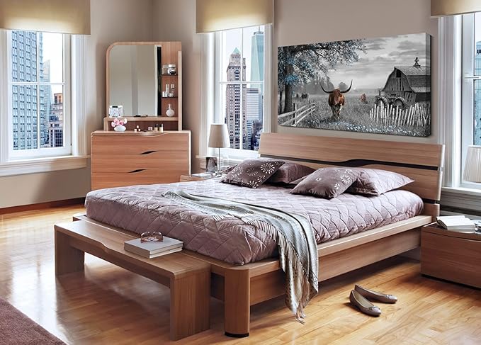 Yiijeah Large Country Wall Art - Brown Cow Blue Tree Pictures Farmhouse Wall Decorations for Living Room Rustic Wall Decor Above Bed