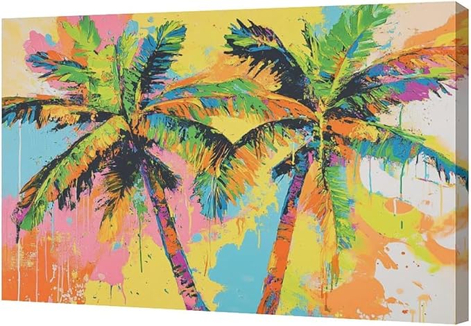 Olivine Tropical Wall Art, Palm Tree Pictures Wall Decor, Graffiti Painting, Colorful Summer Canvas Prints, Framed Artwork for Bathroom Living Room Bedroom Office Home Decoration 24"x16"