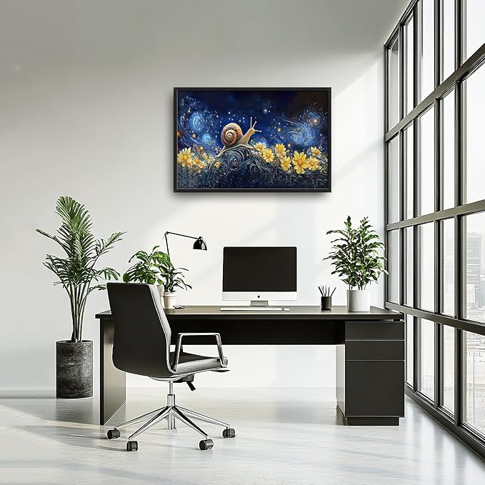 SweetFox Extra Large Snail Sunflower Framed Wall Art for Living Room, Snail Starry Sky Pictures Oversized Wall Decor Abstract Big Canvas Painting Print Artwork for Bathroom Master Bedroom 36L X 24W