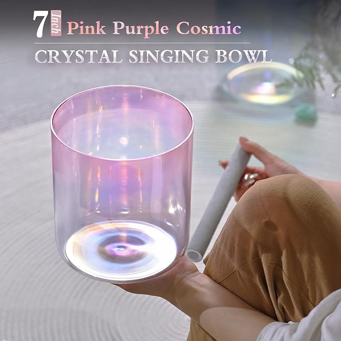 440HZ 7 Inch F Note Heart Chakra Pink Purple Color Clear Quartz Crystal Singing Bowl with Carry Case Bag for Sound Healing and Meditation