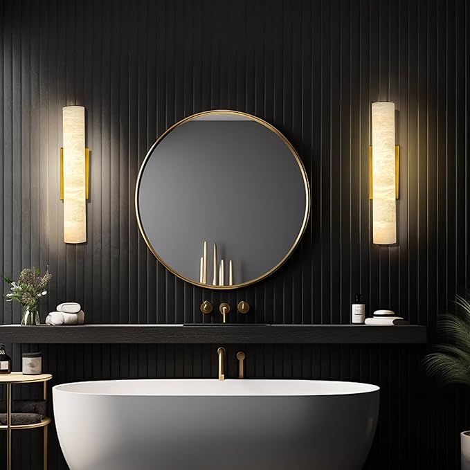 Alabaster Wall Sconces Gold, Spanish Natural Marble Wall Sconce, 20" Brass Wall Sconce for Bathroom, Indoor Stone Wall Sconces Dimmable, Alabaster Wall Light for Living Room, Bedroom, Hallway, Stairs