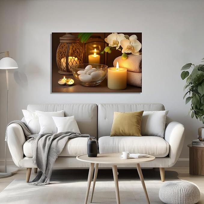 KPLUNDO Large Zen Canvas Wall Art - Candle with Spa Stones on Wood Table Picture Orchid Painting Prints Meditation Relax Artwork for Bathroom Yoga Spiritual Room Decor Frame(28.00x42.00 inch)
