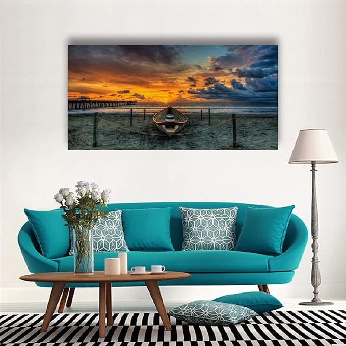 Beach Themed Wall Art Canvas Prints Seascape Poster Bathroom Décor Boat Ocean Sunset Landscape Paintings for Bedroom Dining Room Home Kitchen Decorations Natural Artwork 20x40 Picture Wooden Frames