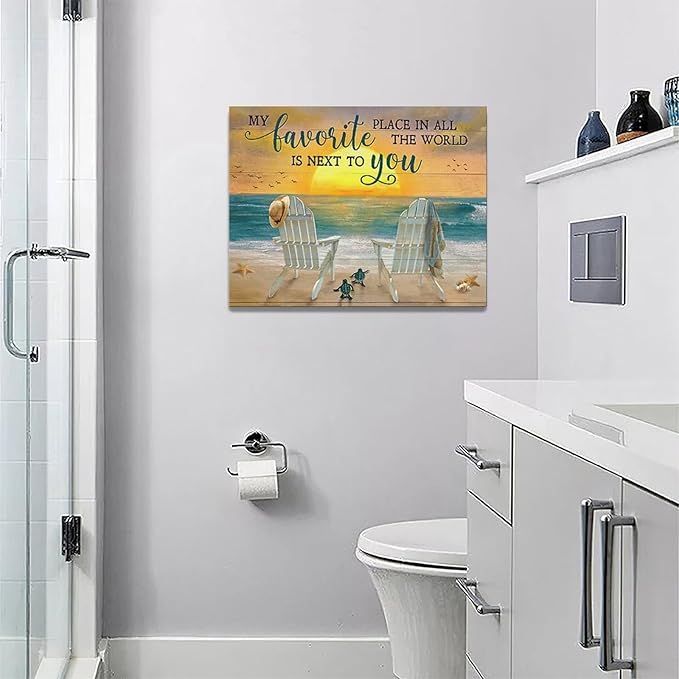 Fleruku Beach Wall Art Ocean Coastal Wall Decor Nautical Sunrise Sunset Sea Turtles Pictures Canvas Painting Artwork Home Decorations for Living Room Bedroom Bathroom Office 16"x12"