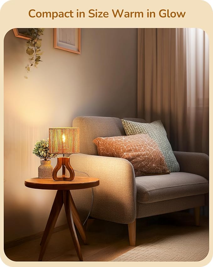 EDISHINE 14.6" Rattan Table Lamp, Rose Wood Tripod Nightstand Lamp, Handwoven Paper Rope Shade, Small Bedside Lamp for Bedroom Living Room, Office, On-Off Line Switch, E26 Base(Bulb Not Included)