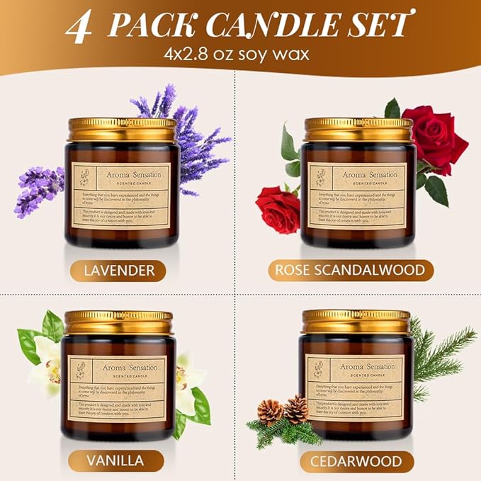 4 Pack Vanilla Candles for Home Scented,Amber Jar Aromatherapy Candle Gifts for Women,Scented Candles Set for Mother's Day Christmas Valentine Thanksgiving Brithday Gifts,Soy Wax Candle Set