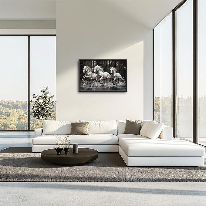 Kylora Horse Wall Art Horses Running Pictures Wall Decor Farmhouse White Mustang Prints Modern Artwork Painting Home Office Decorations For Kitchen Bathroom Bedroom Dining Living Room 36"x24"