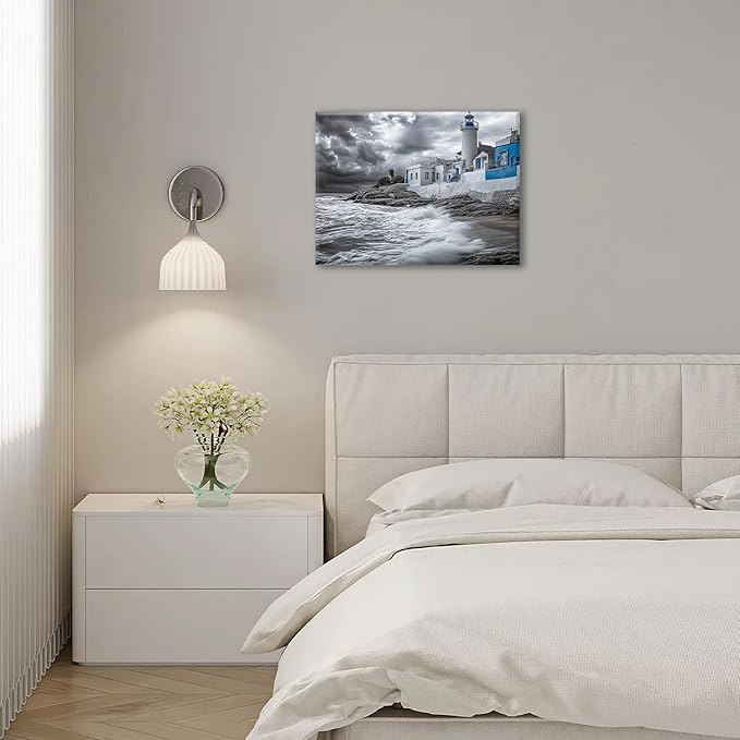 Olivine Beach Wall Art, Coastal Lighthouse Pictures Wall Decor, Black And White Painting, Nautical Canvas Prints, Framed Artwork for Bathroom Bedroom Living Room Office Home Decoration 16"x12"