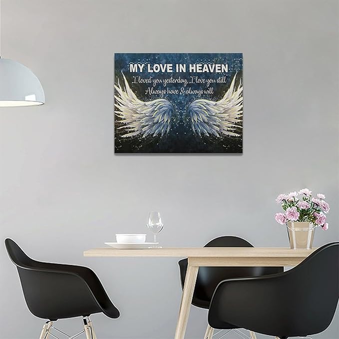 Fleruku Angel Wings Wall Art Memorial Motivational Wall Decor Wings My Love In Heaven Pictures Canvas Painting Artwork Home Decorations for Living Room Bedroom Bathroom Office 16"x12"