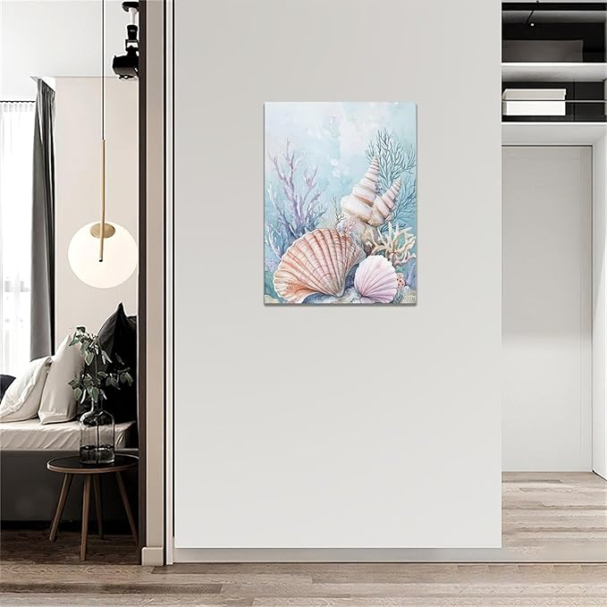 Fleruku Beach Coral Shells Wall Art Nautical Sea Wall Decor Ocean Pictures Canvas Painting Artwork Home Decorations for Living Room Bedroom Bathroom Office Nursery 12"x16"