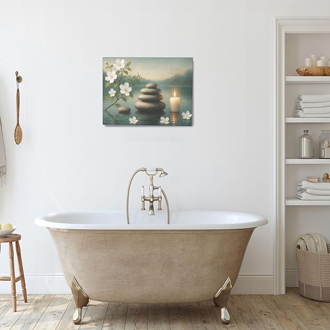 Zen Wall Art Zen Bathroom Wall Decor Spa Room Meditation Peaceful Pictures Decoration Spiritual Stone Canvas Painting Artwork Framed for Bathroom Living Room Bedroom Office 12"x16"