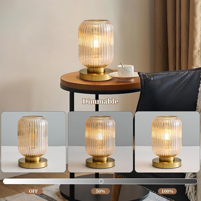 Glass Table Lamps Mid Century Modern Globe, Dimmable Amber Glass Table Lamp for Nightstand, Small Gold Table Lamp, Amber Pumpkin Design Ribbed Vintage Bedside Lamp for Bedroom Living Room Office