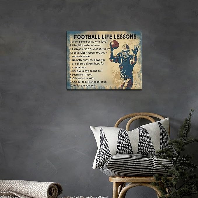 Farmhouse Football Wall Art For Boy Room Rustic Football Life Lessons Wall Decor Retro Football Sign Canvas Painting Artwork Home Decorations for Man Teenager Office Bedroom Living Room 16"x12"