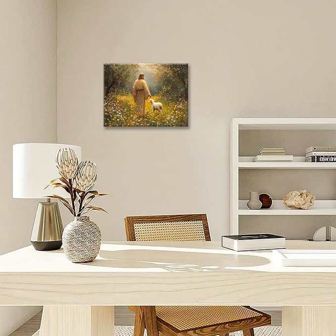 Olivine Christian Wall Art, Jesus Pictures Wall Decor, Lamb Painting, The Lost Sheep Canvas Prints, Framed Artwork for Kitchen Bathroom Bedroom Living Room Office Home Decoration 16"x12"