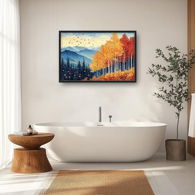 Fall Maple Leaf Large Wall Art Autumn Leaves Pictures Wall Decor Mountain Canvas Landscape Painting Modern Artwork Home Decoration for Living Room Bathroom Bedroom Office Framed 36"x24"