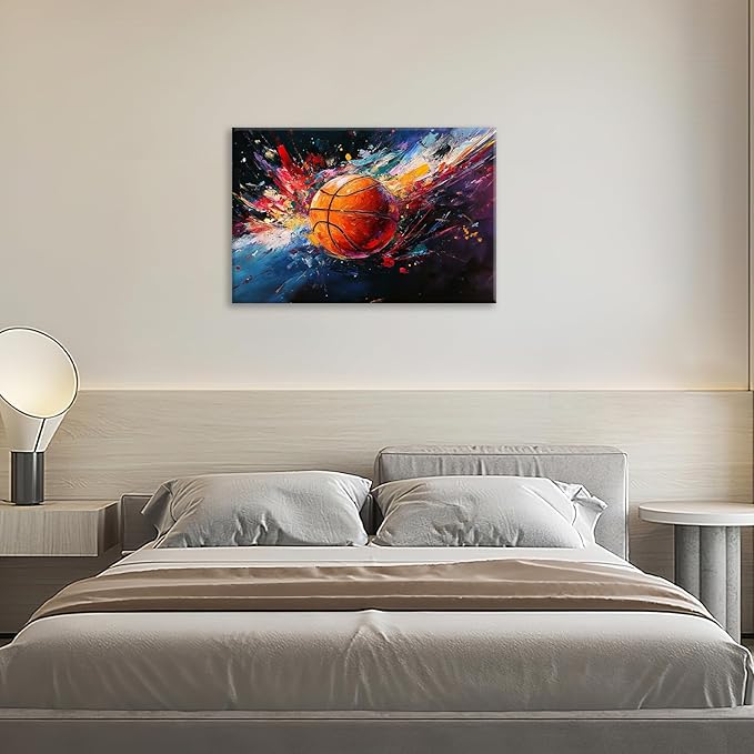 Olivine Basketball Wall Art, Graffiti Sports Picture, Colorful Sport Canvas Print Painting, Framed Artwork for Bathroom Bedroom Living Room Office Home Decoration 24"x16"