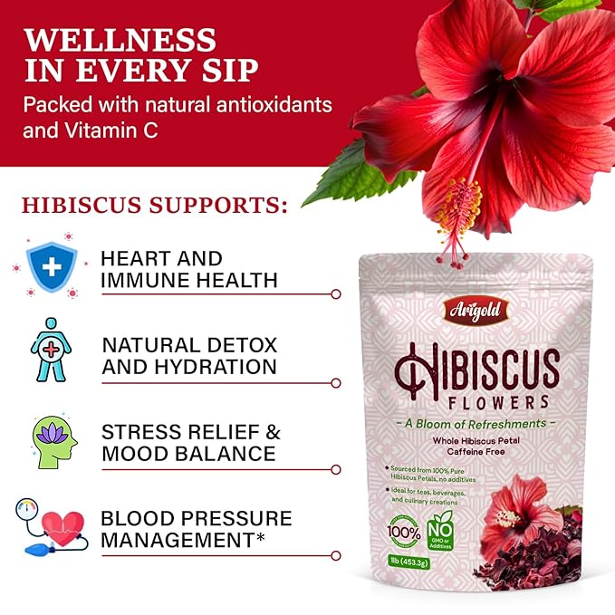 Arigold Pure Whole Petals Hibiscus Tea 1lb – Organic Dried Hibiscus Flowers,Flor de Jamaica, Hibiscus Sabdariffa, Bissap, Sorrel, hibiscus tea loose leaf Herbal Tea for Agua Fresca, Cocktails, Iced Tea & Hot Tea | Caffeine-Free & Rich in Antioxidants.