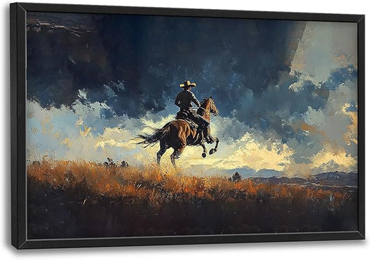 SweetFox Extra Large Western Cowboy Framed Wall Art for Living Room, Cowboy on Horseback Pictures Oversized Wall Decor Abstract Canvas Painting Print Artworks for Bathroom Master Bedroom 36L X 24W